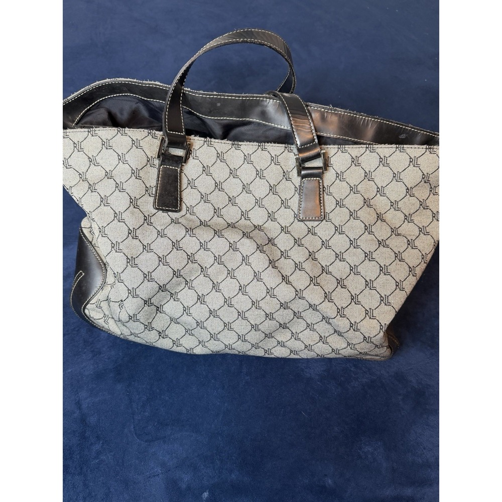 Ralph Lauren Travelers Signature Canvas & Leather Tote Bag XL Gray & Black Y2K